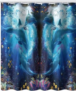 Underwater Dolphin Shower Curtain With Coral Reef And Ocean Life Print