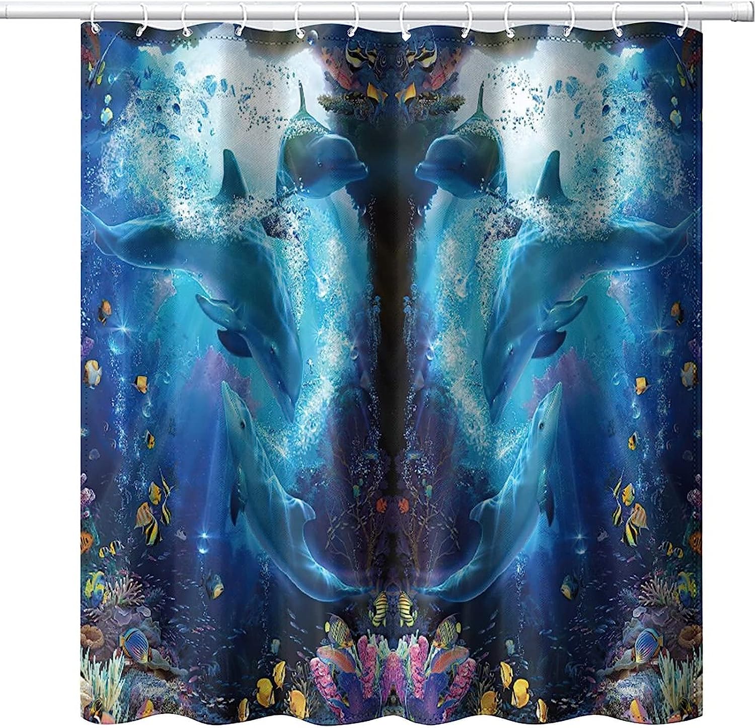 Underwater Dolphin Shower Curtain With Coral Reef And Ocean Life Print