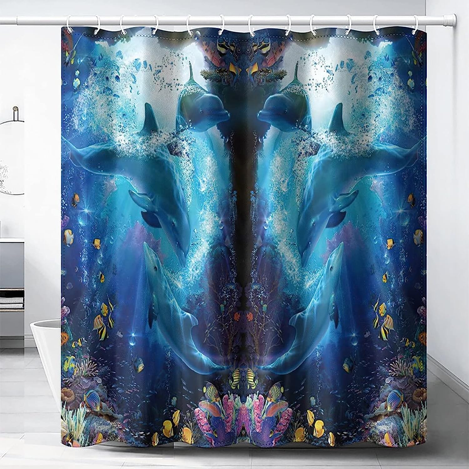 Underwater Dolphin Shower Curtain With Coral Reef And Ocean Life Print - Image 2