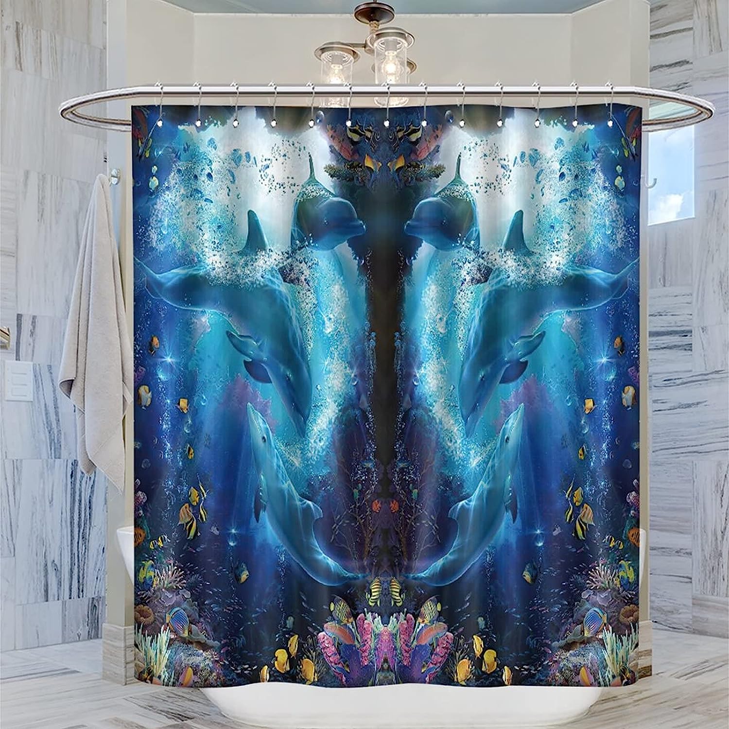 Underwater Dolphin Shower Curtain With Coral Reef And Ocean Life Print - Image 3