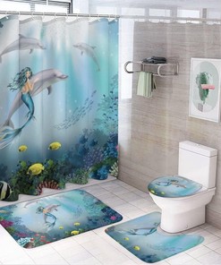 Underwater Dolphins and Mermaid Adventure Shower Curtain, Waterproof Bathroom Decor by Vantaso
