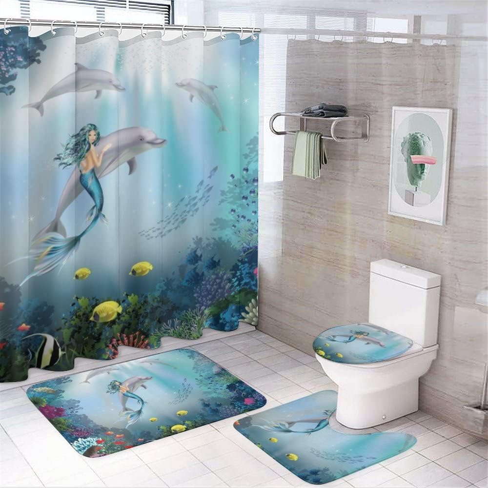 Underwater Dolphins and Mermaid Adventure Shower Curtain, Waterproof Bathroom Decor by Vantaso
