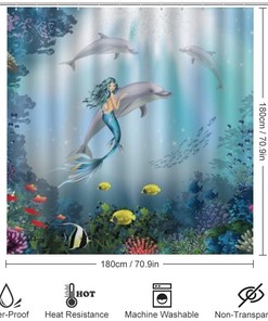 Underwater Dolphins and Mermaid Adventure Shower Curtain, Waterproof Bathroom Decor by Vantaso