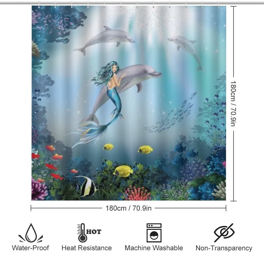 Underwater Dolphins and Mermaid Adventure Shower Curtain, Waterproof Bathroom Decor by Vantaso
