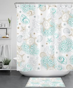 Underwater Green Coral and Seashell Turtle Shower Curtain for Bathroom Decor
