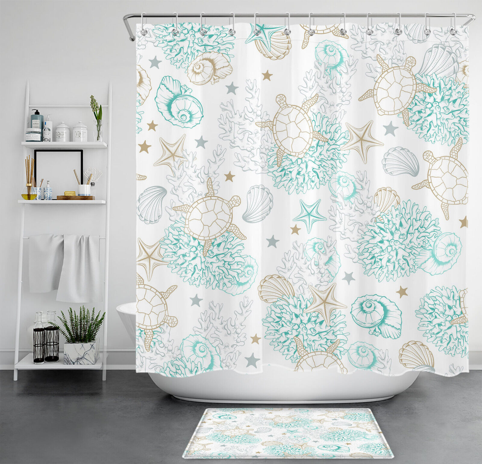 Underwater Green Coral and Seashell Turtle Shower Curtain for Bathroom Decor