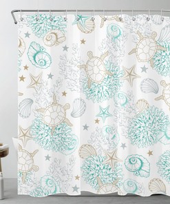 Underwater Green Coral and Seashell Turtle Shower Curtain for Bathroom Decor