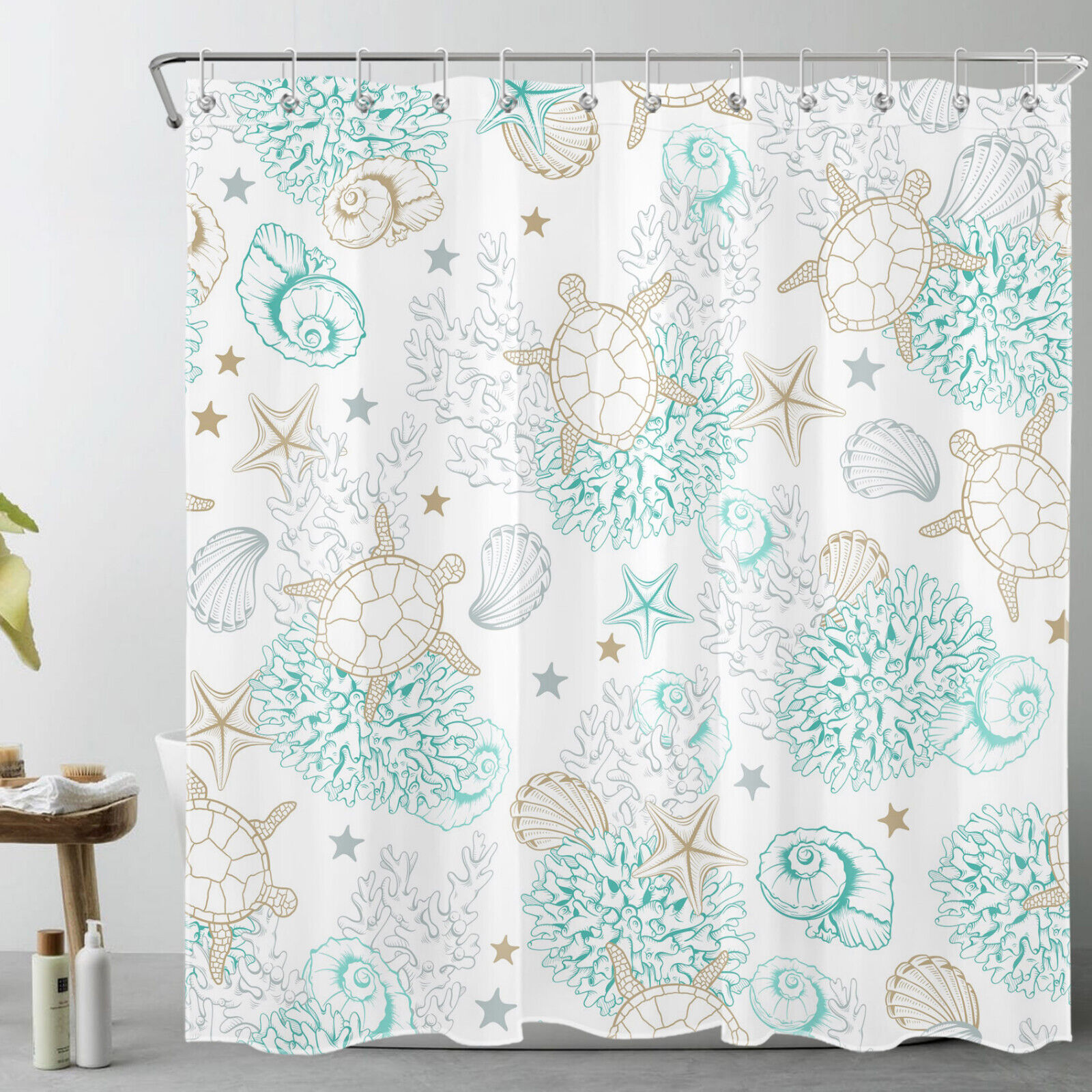 Underwater Green Coral and Seashell Turtle Shower Curtain for Bathroom Decor
