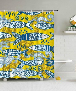 Underwater Japanese Style Blue And Yellow Fish Shower Curtain For A Relaxing Spa Experience