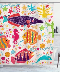 Underwater Life Art Fish Seahorse Starfish Dolphin Coral Shower Curtain