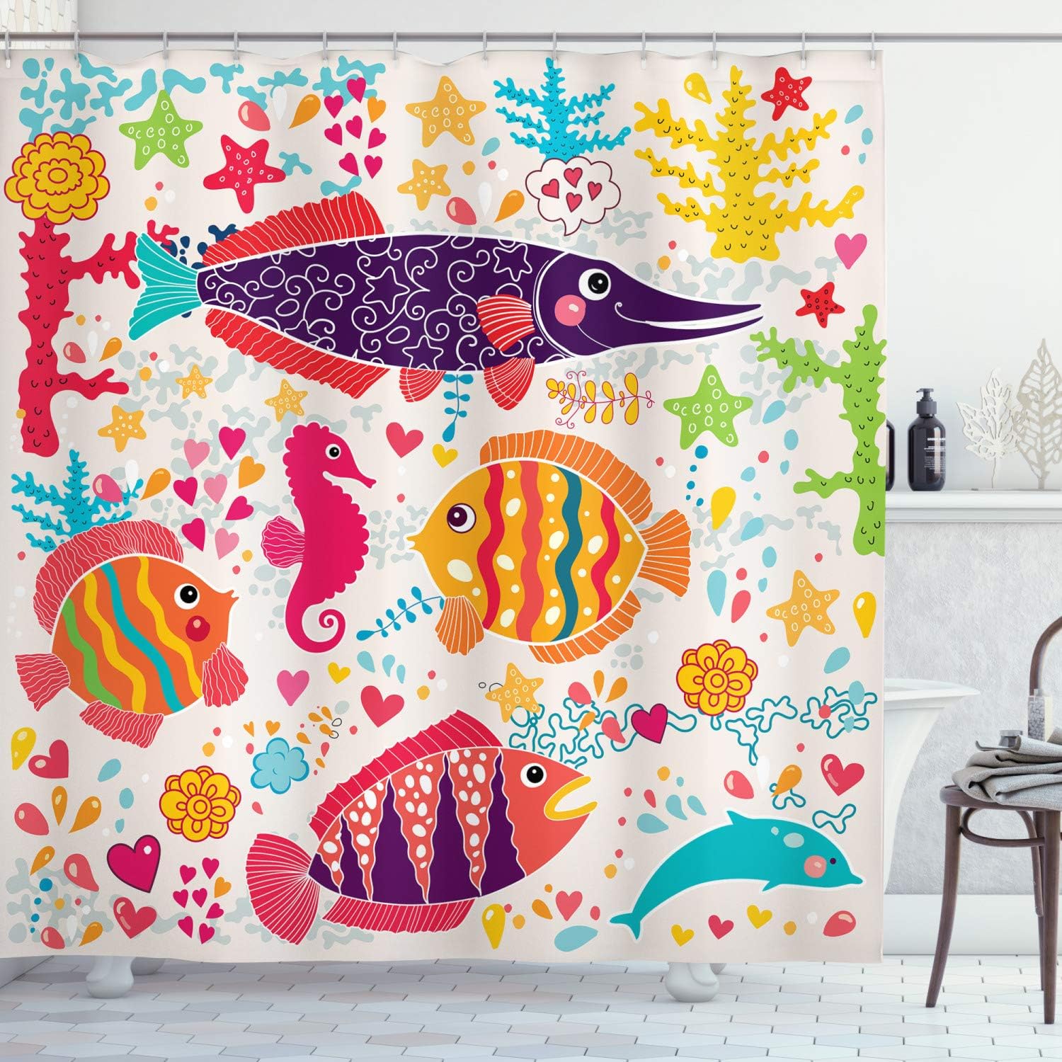 Underwater Life Art Fish Seahorse Starfish Dolphin Coral Shower Curtain