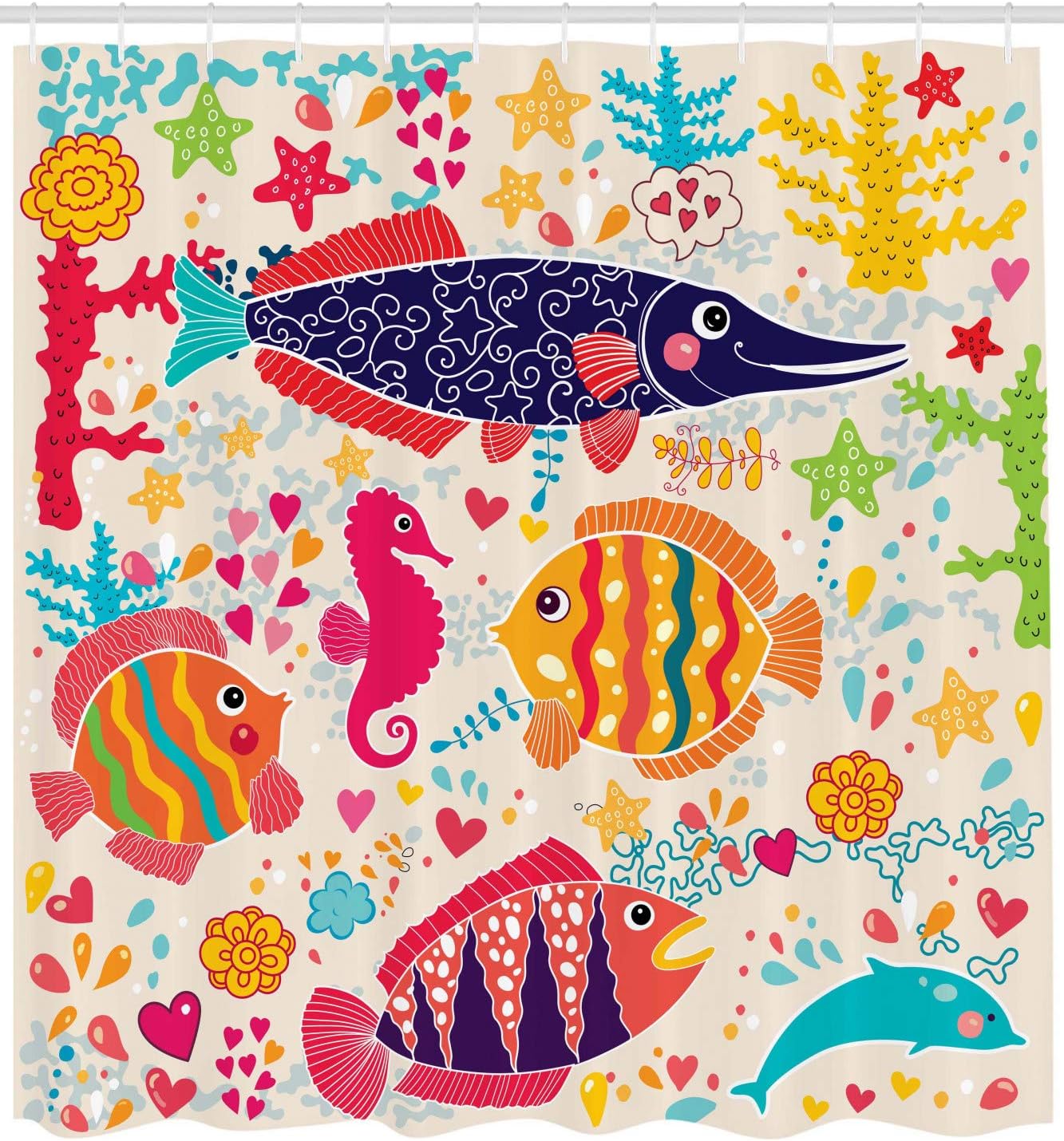 Underwater Life Art Fish Seahorse Starfish Dolphin Coral Shower Curtain - Image 2