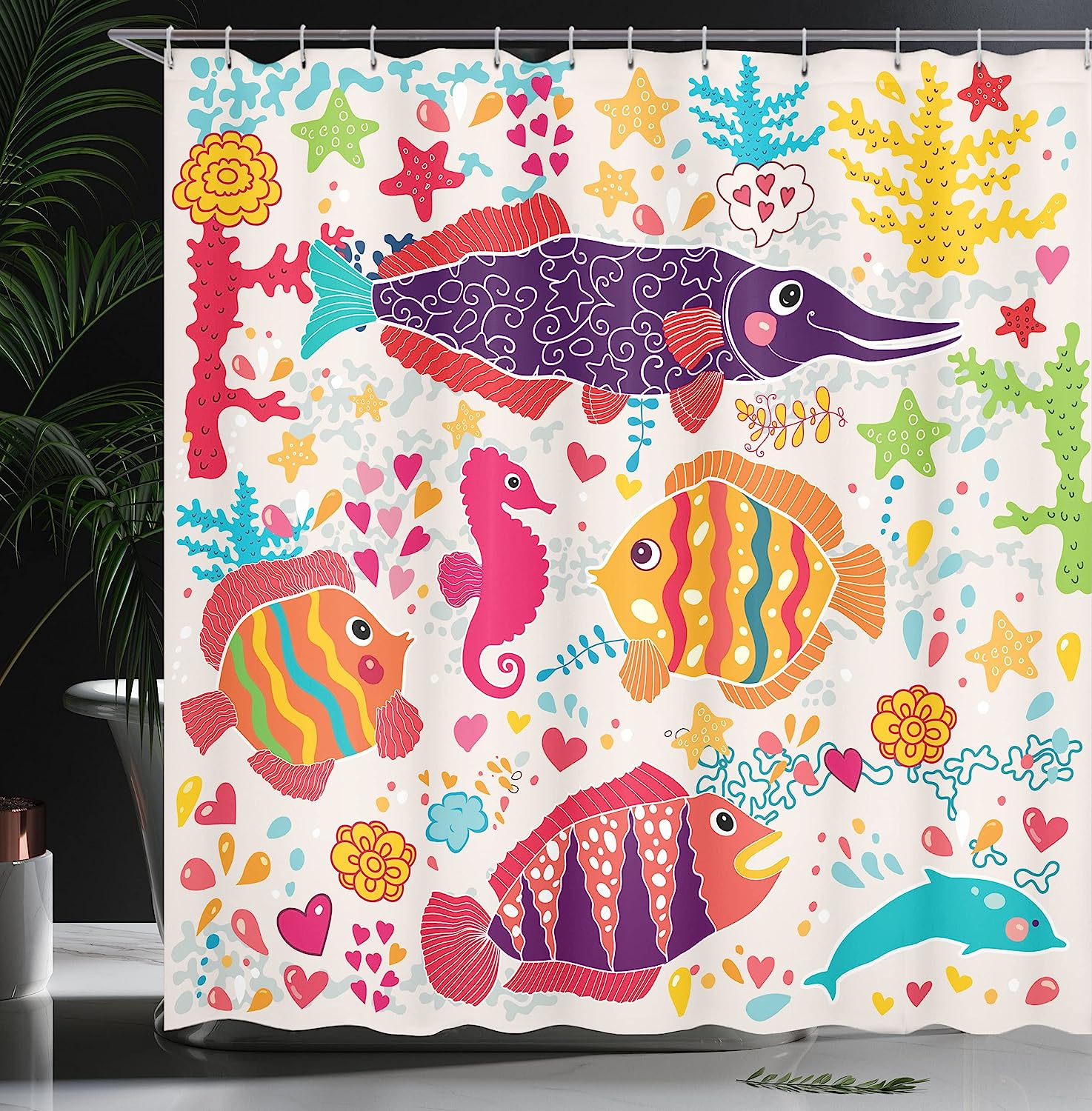 Underwater Life Art Fish Seahorse Starfish Dolphin Coral Shower Curtain - Image 3