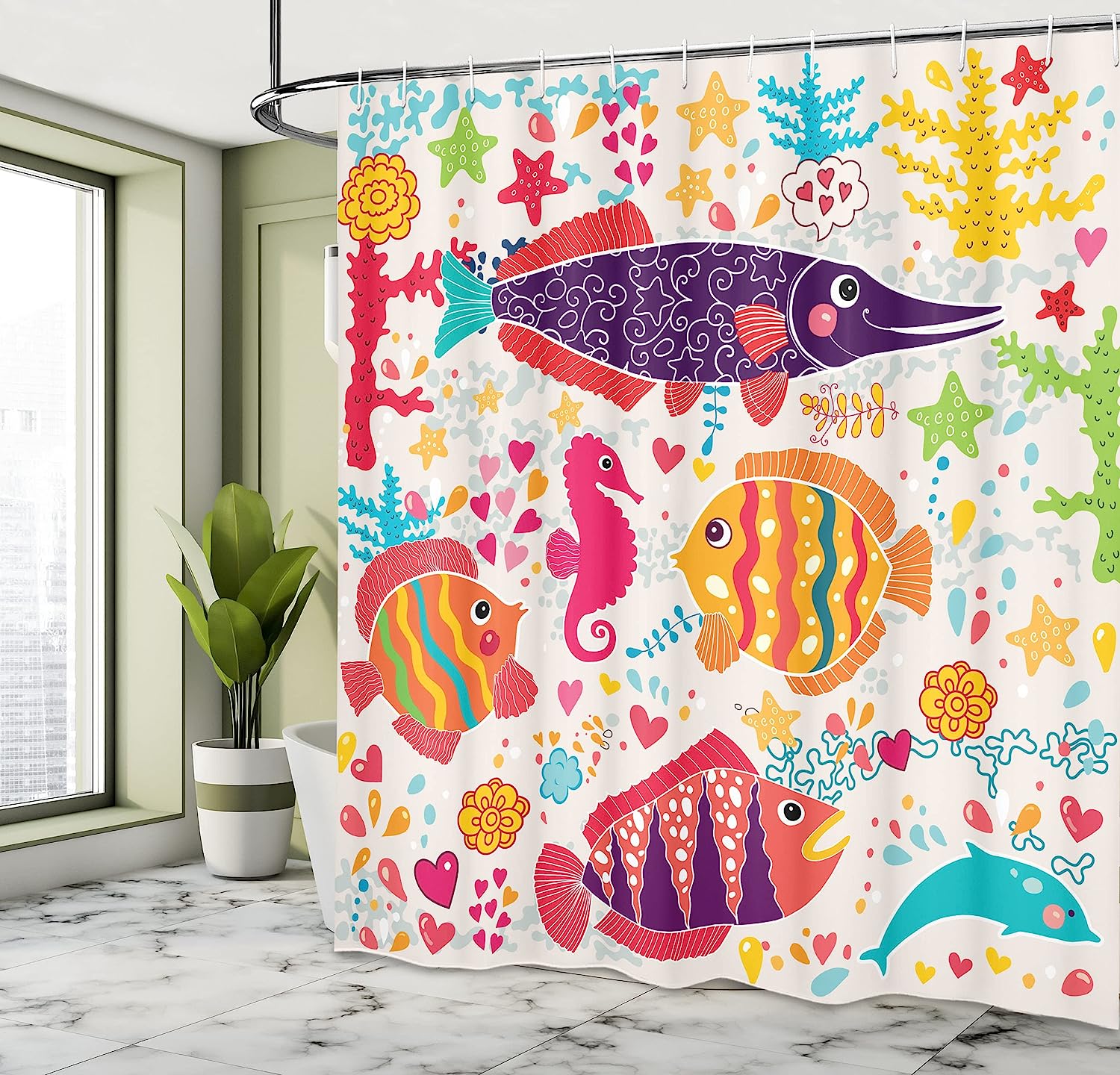 Underwater Life Art Fish Seahorse Starfish Dolphin Coral Shower Curtain - Image 4