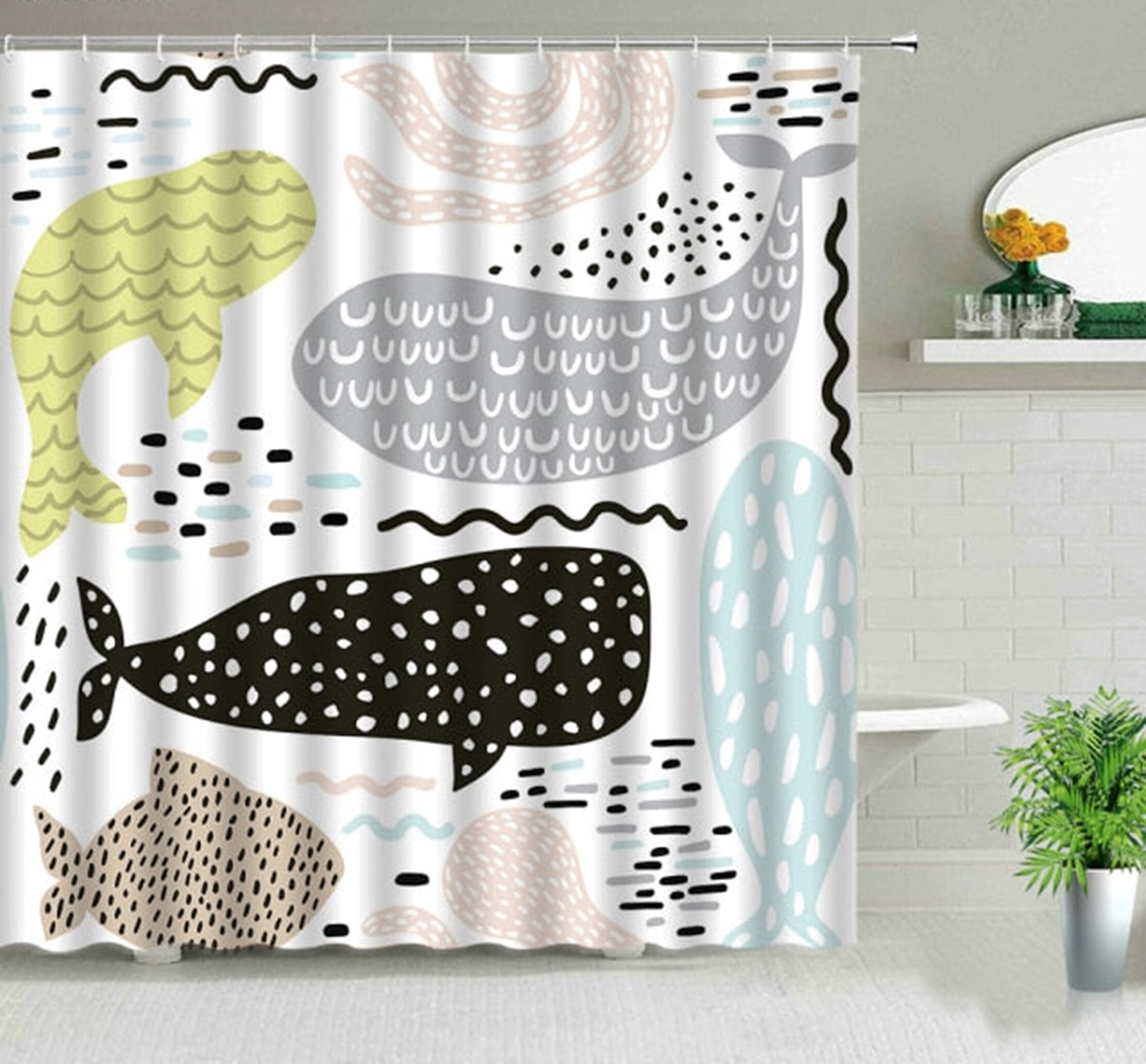 Underwater Mammal Whale Shower Curtain With Black And Gray Prints, Unique Bathroom Decor Idea