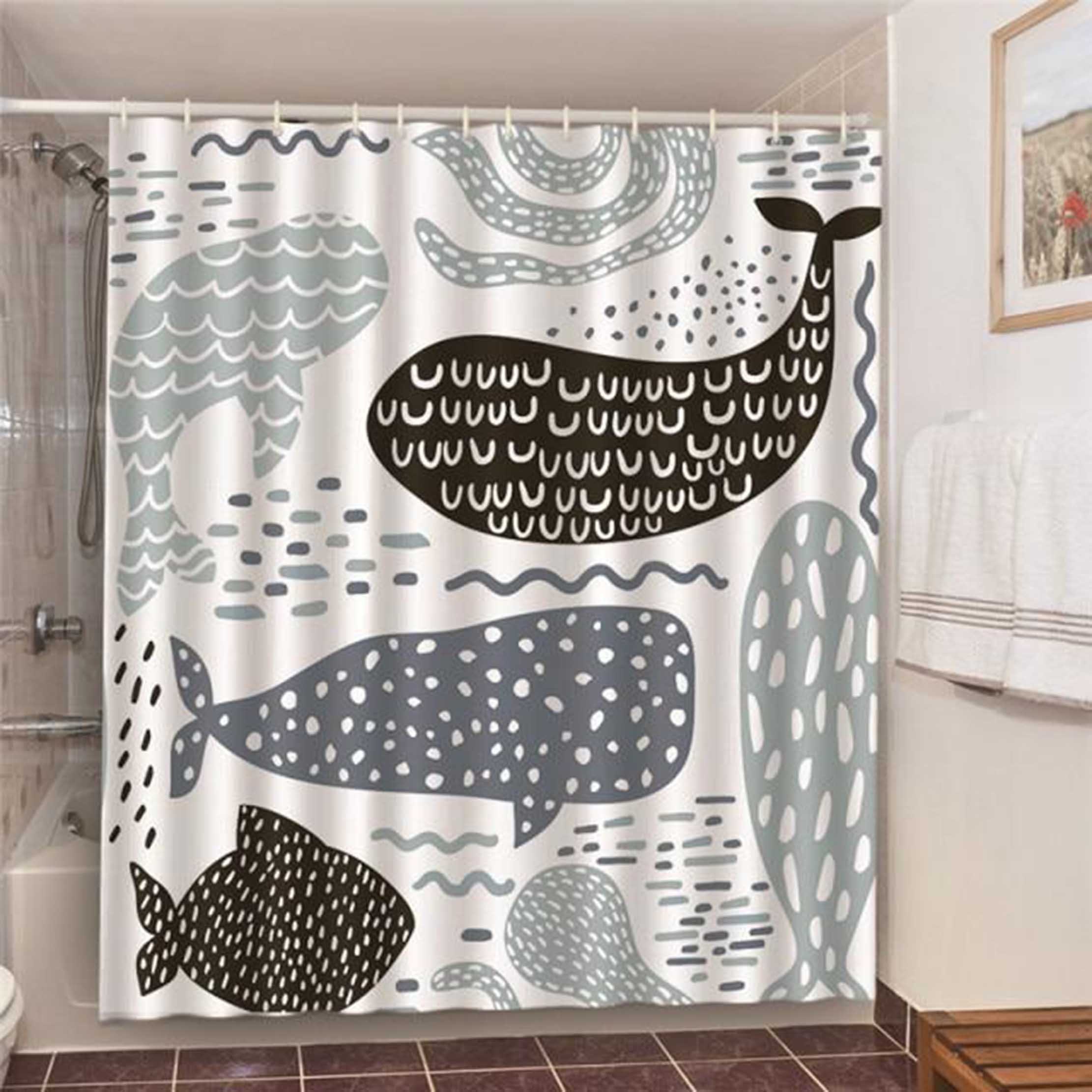 Underwater Marine Mammal Gray Black Whale Graphic Bathroom Curtain for Sea Life Enthusiasts