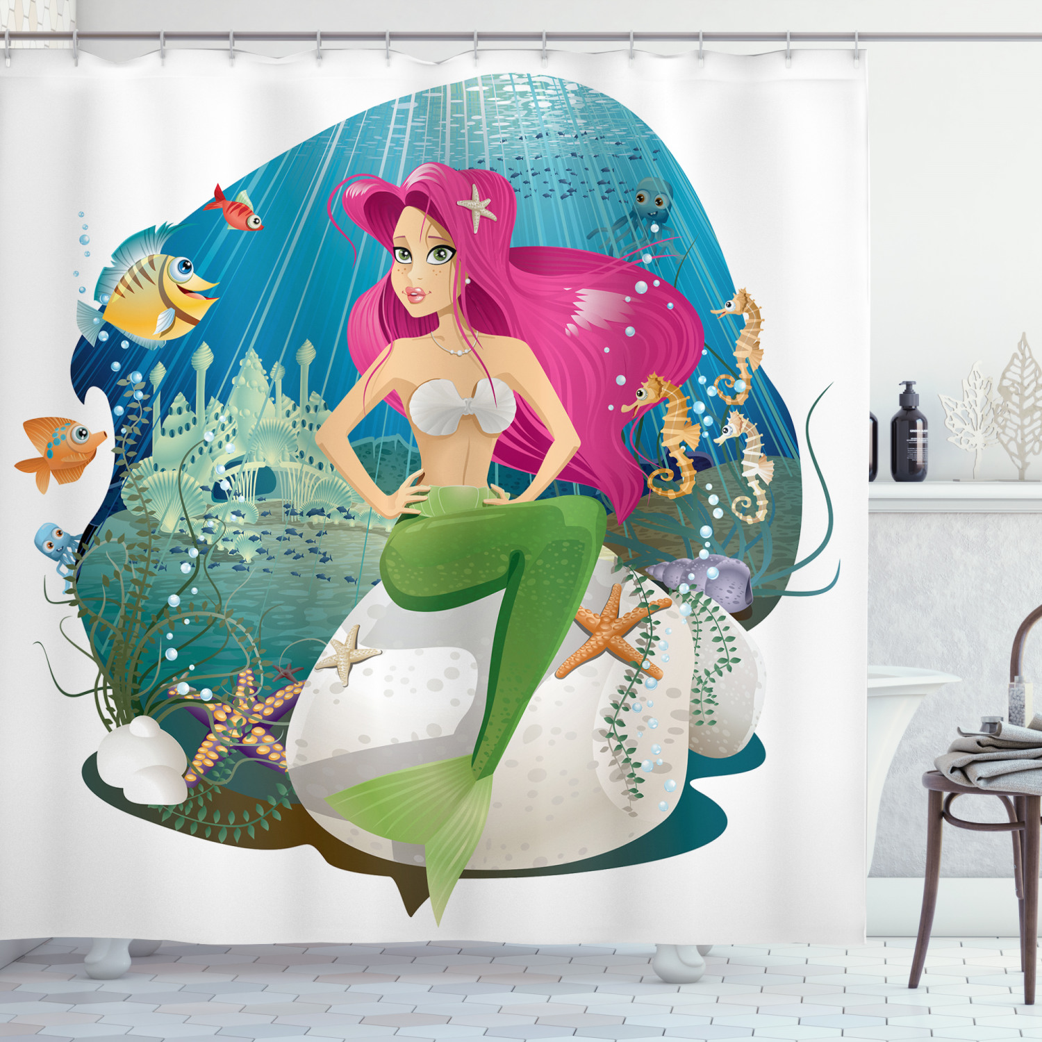 Underwater Mermaid Print Colorful Shower Curtain For Playful Kids' Bathroom Or Guest Bathroom Decor