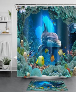 Underwater Ocean Animals and Dolphin Shower Curtain Set for Bathroom Accessories