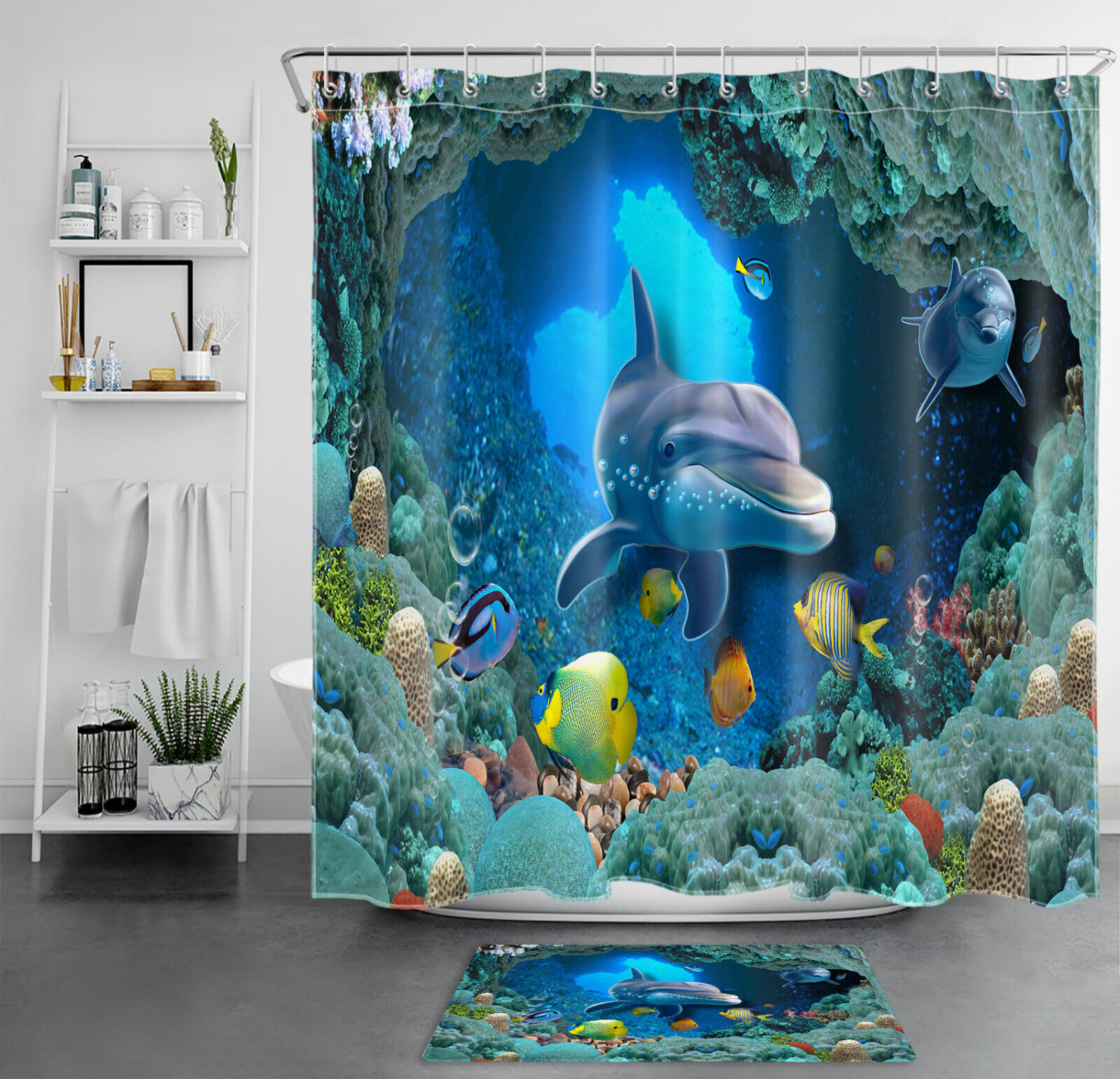 Underwater Ocean Animals and Dolphin Shower Curtain Set for Bathroom Accessories