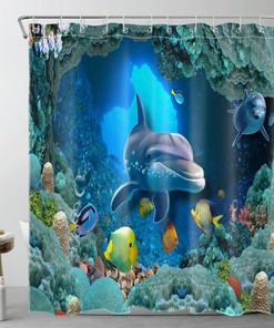 Underwater Ocean Animals and Dolphin Shower Curtain Set for Bathroom Accessories