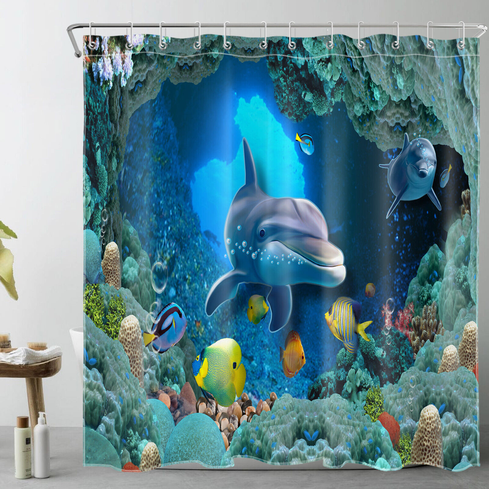 Underwater Ocean Animals and Dolphin Shower Curtain Set for Bathroom Accessories