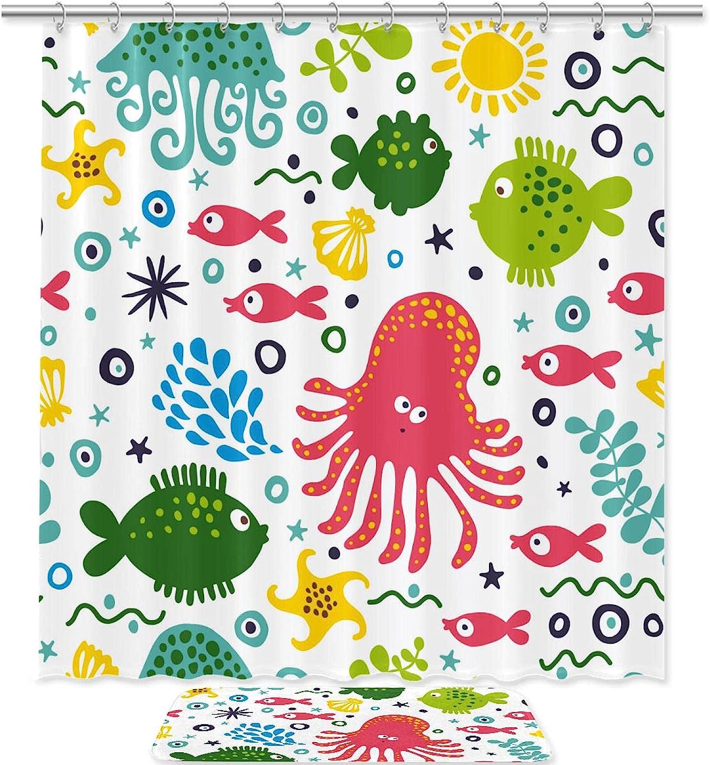 Underwater Octopus Fish Ocean Print Waterproof Shower Curtain for Bathroom