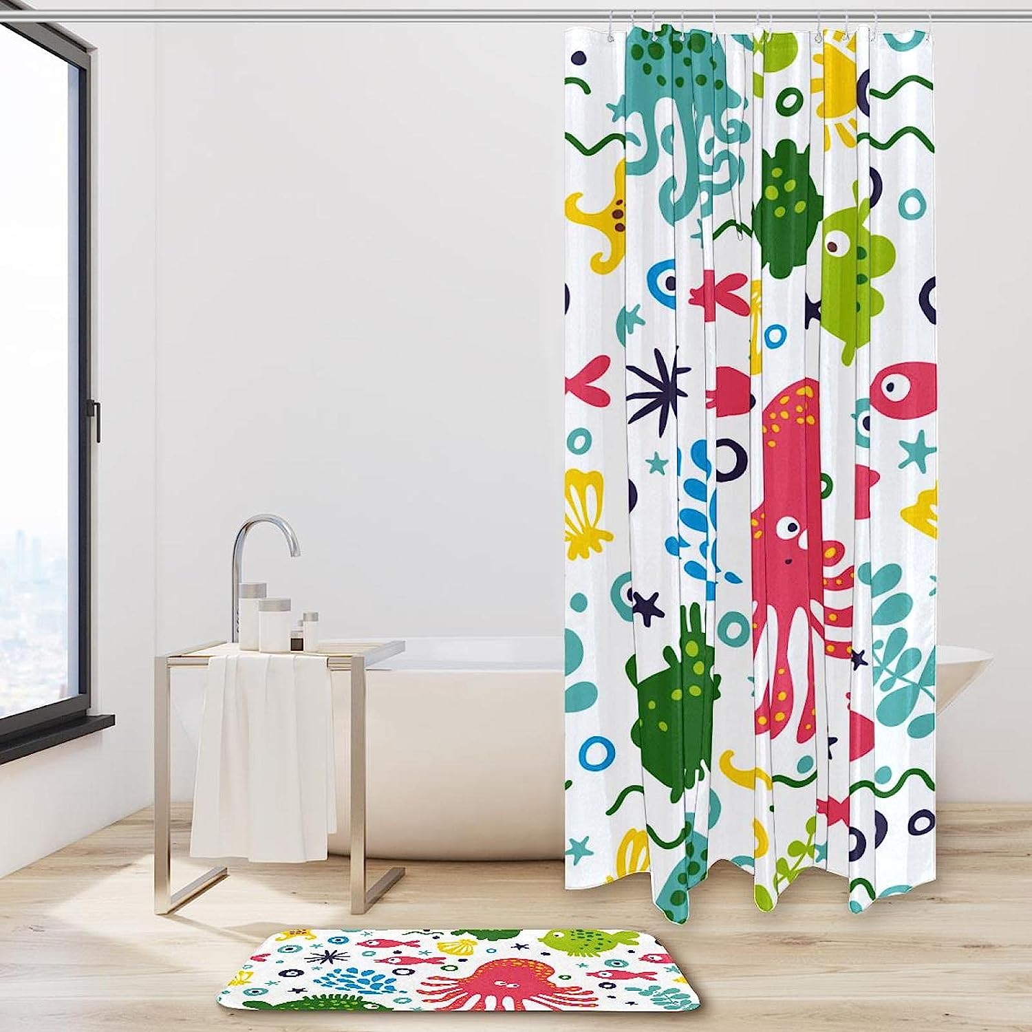 Underwater Octopus Fish Ocean Print Waterproof Shower Curtain for Bathroom