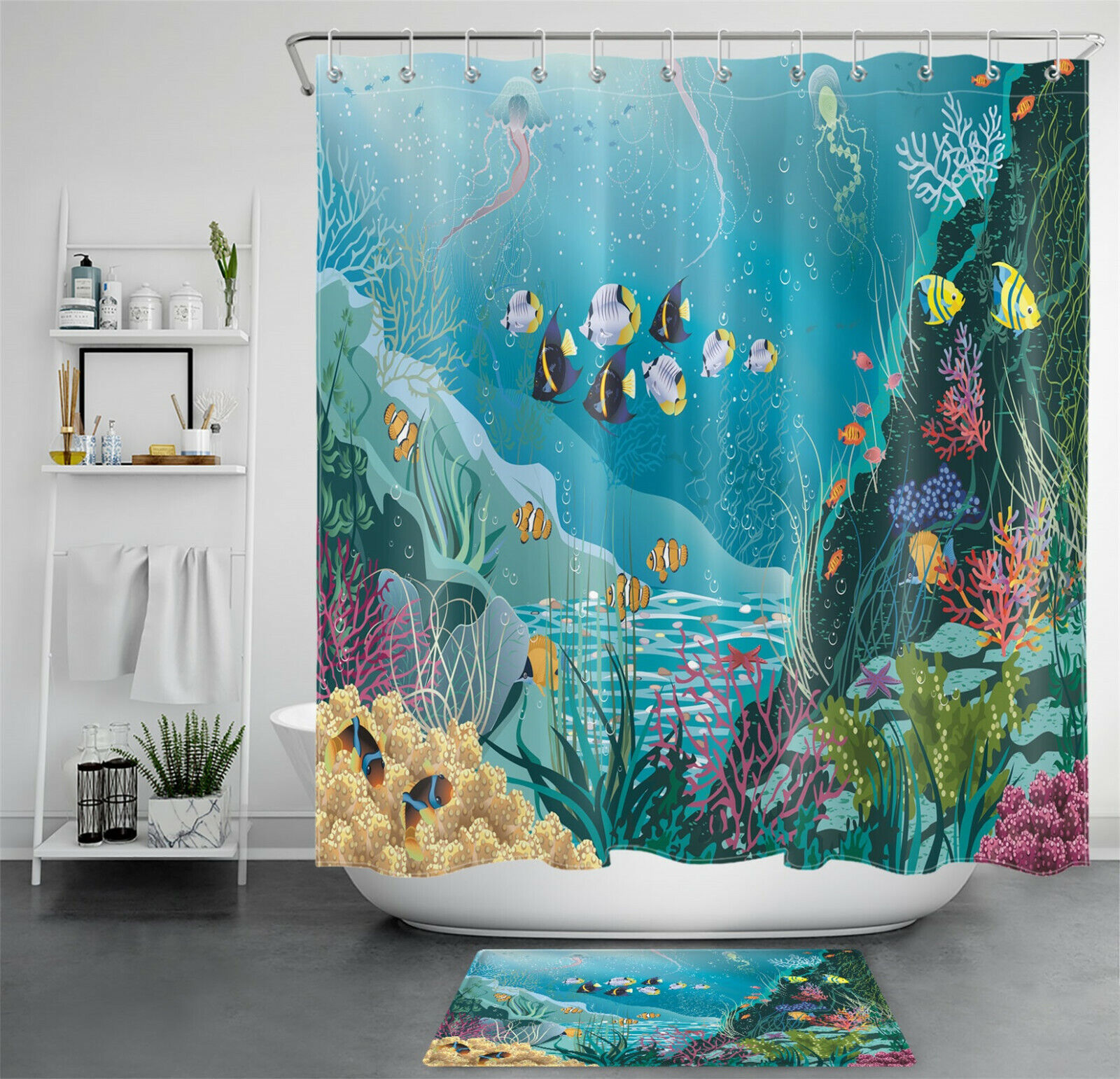 Underwater Plants Tropical Fish Vintage Shower Curtain for Marine Life Lovers