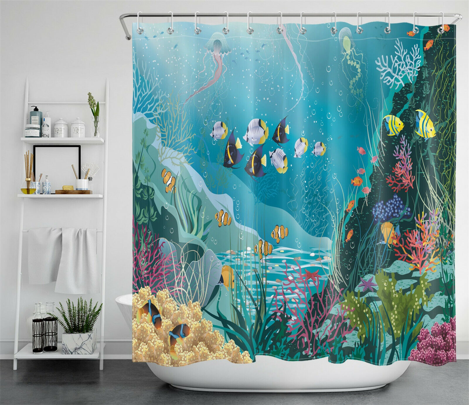 Underwater Plants Tropical Fish Vintage Shower Curtain for Marine Life Lovers