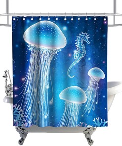 Underwater Sea Life Shower Curtain with Blue Jellyfish and Seahorses Theme for Ocean Animal Bathroom Decor