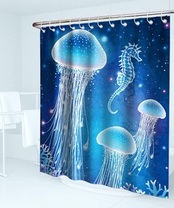 Underwater Sea Life Shower Curtain with Blue Jellyfish and Seahorses Theme for Ocean Animal Bathroom Decor