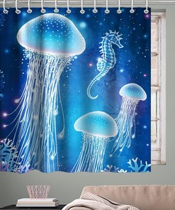 Underwater Sea Life Shower Curtain with Blue Jellyfish and Seahorses Theme for Ocean Animal Bathroom Decor