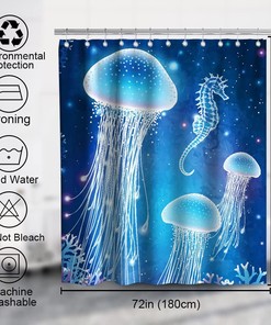 Underwater Sea Life Shower Curtain with Blue Jellyfish and Seahorses Theme for Ocean Animal Bathroom Decor
