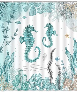Underwater Seaweed Navigation Seahorse Shower Curtain, Ocean Bathroom Decor with Sea Animals 