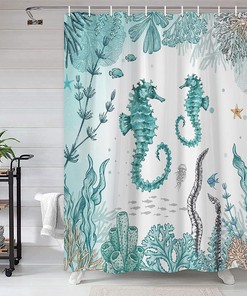 Underwater Seaweed Navigation Seahorse Shower Curtain, Ocean Bathroom Decor with Sea Animals