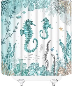 Underwater Seaweed Navigation Seahorse Shower Curtain, Ocean Bathroom Decor with Sea Animals 
