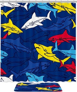 Underwater Sharks Ocean Sea Waterproof Shower Curtain Set