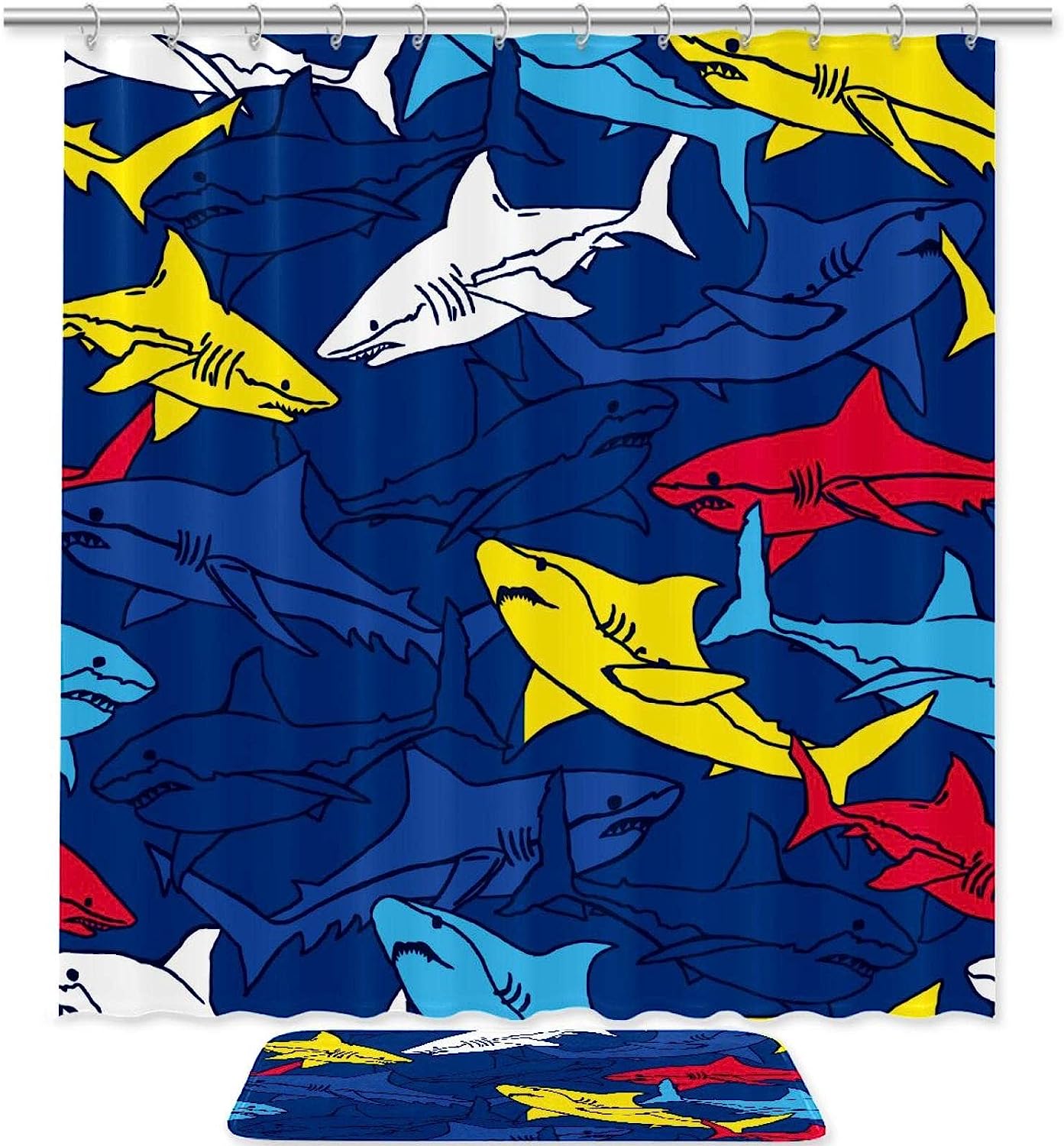 Underwater Sharks Ocean Sea Waterproof Shower Curtain Set