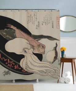 Underwater Theme Octopus Shower Curtain for a Japanese Decor Bathroom.