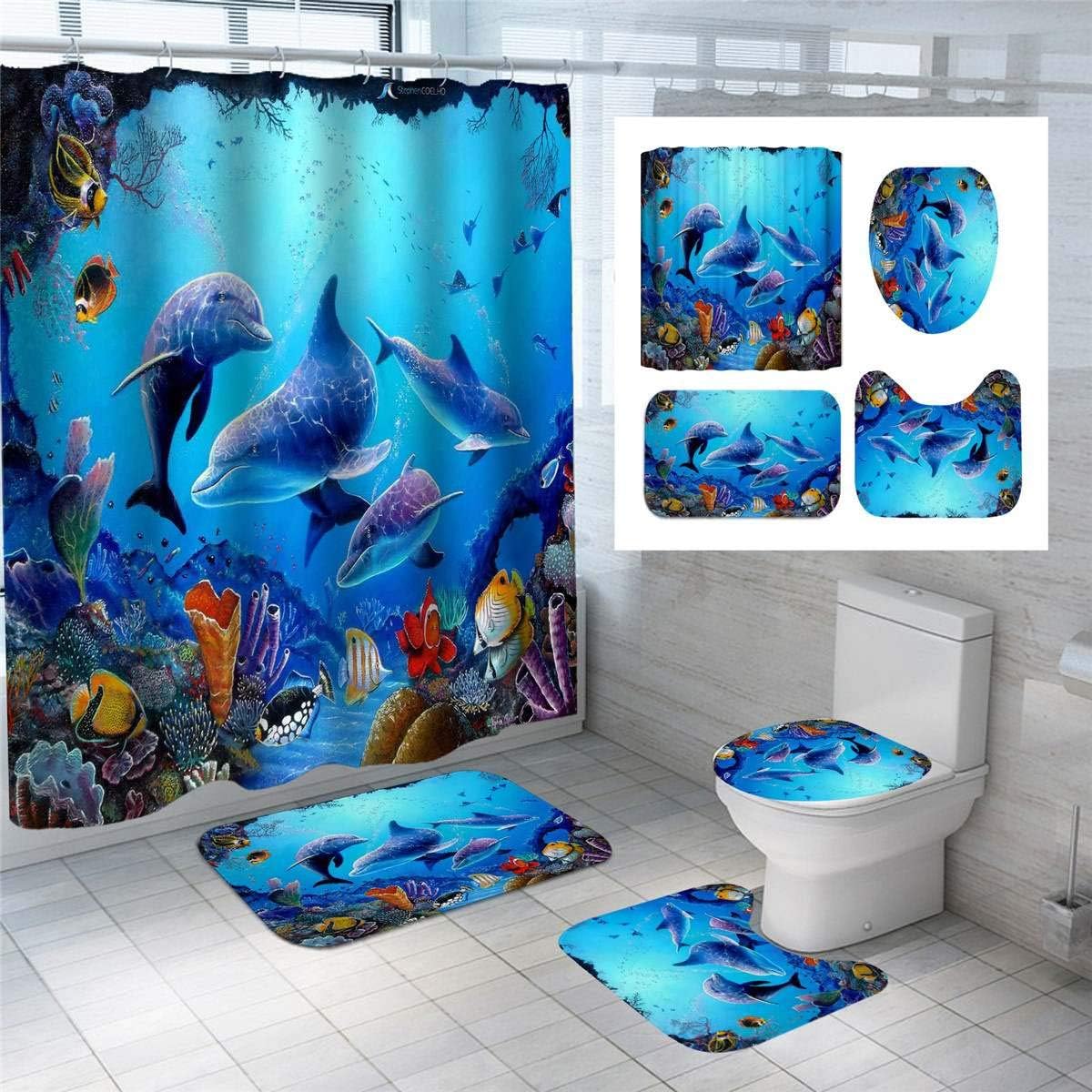 Underwater World Dolphin Shower Curtain Set for a Coordinated Bathroom