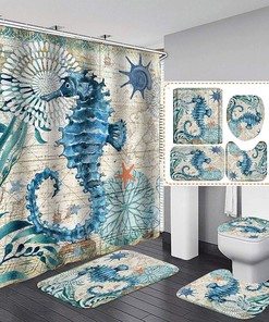 Underwater World Seahorse Print Shower Curtain with Matching Toilet Baths Contour for Your Bathroom