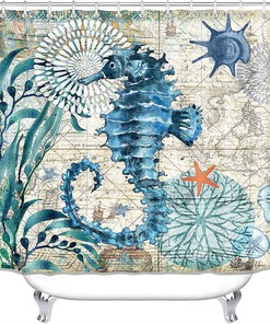 Underwater World Seahorse Print Shower Curtain with Matching Toilet Baths Contour for Your Bathroom