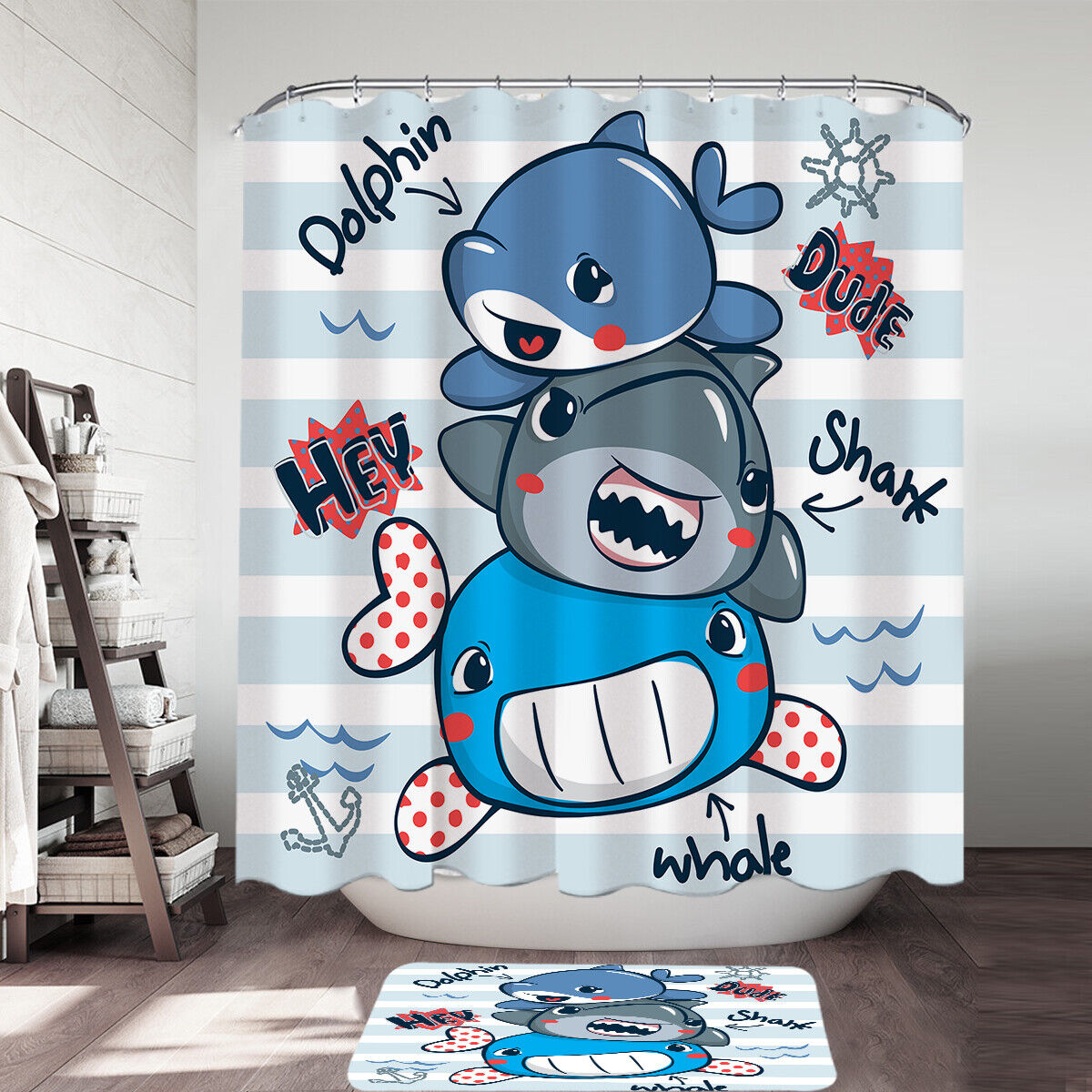 Underwater World Shower Curtain - Lovely Dolphin, Shark, And Whale Design