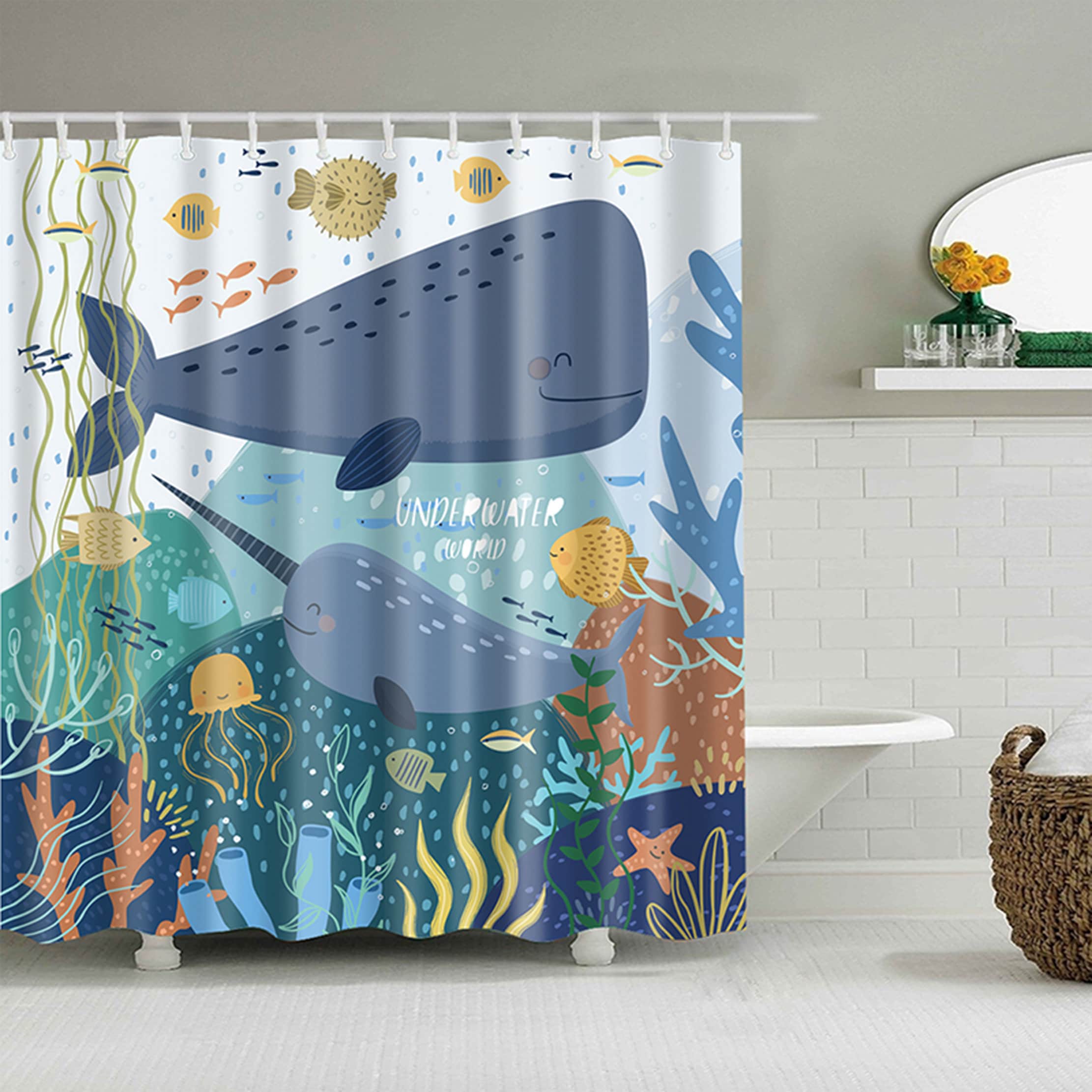 Underwater World Shower Curtain with Ocean Creatures and Coral Design
