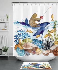 Underwater World With Funny Cat And Whale - Waterproof Bath Curtain For Bathroom Decor