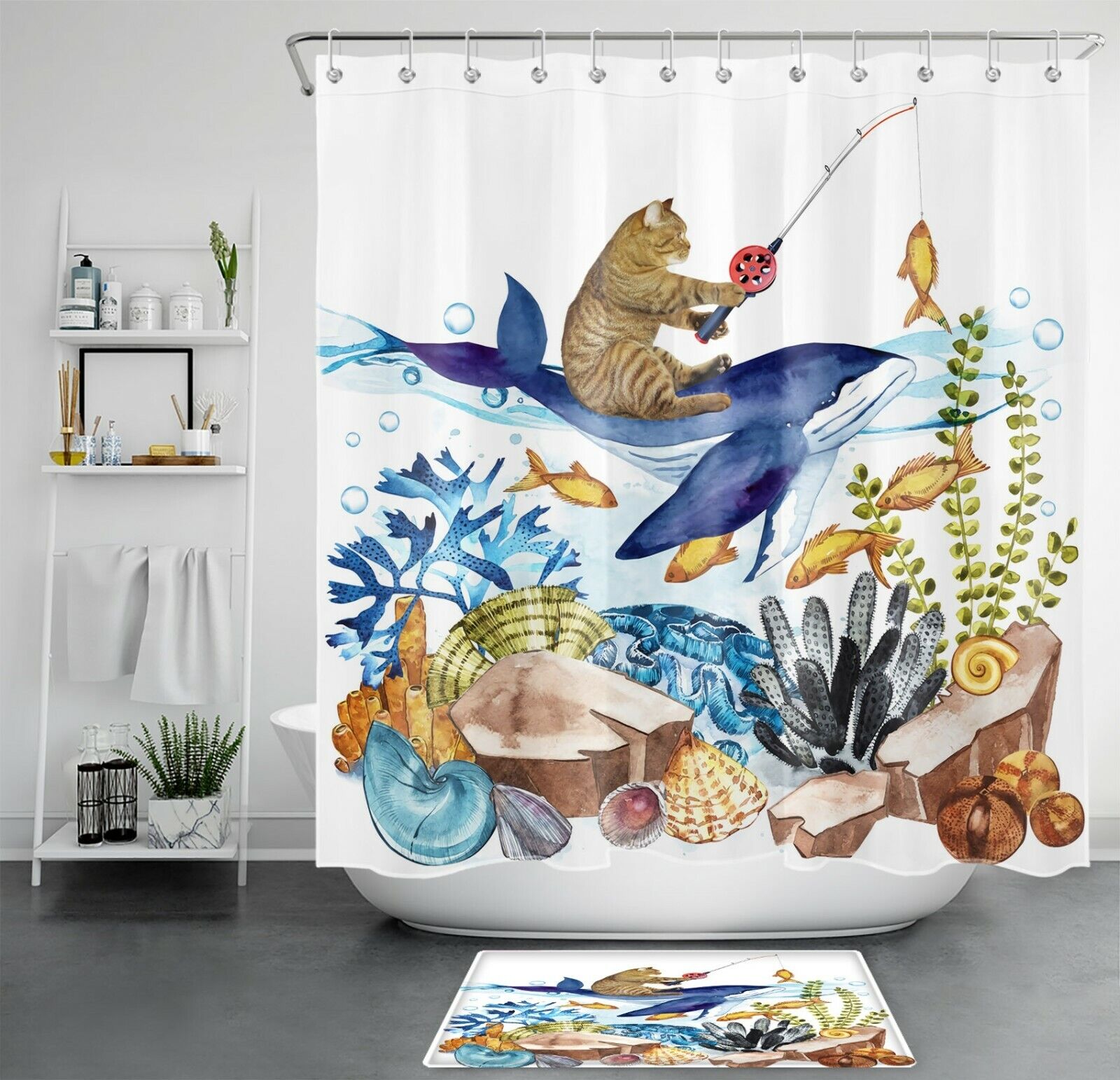 Underwater World With Funny Cat And Whale - Waterproof Bath Curtain For Bathroom Decor