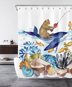 Underwater World With Funny Cat And Whale - Waterproof Bath Curtain For Bathroom Decor
