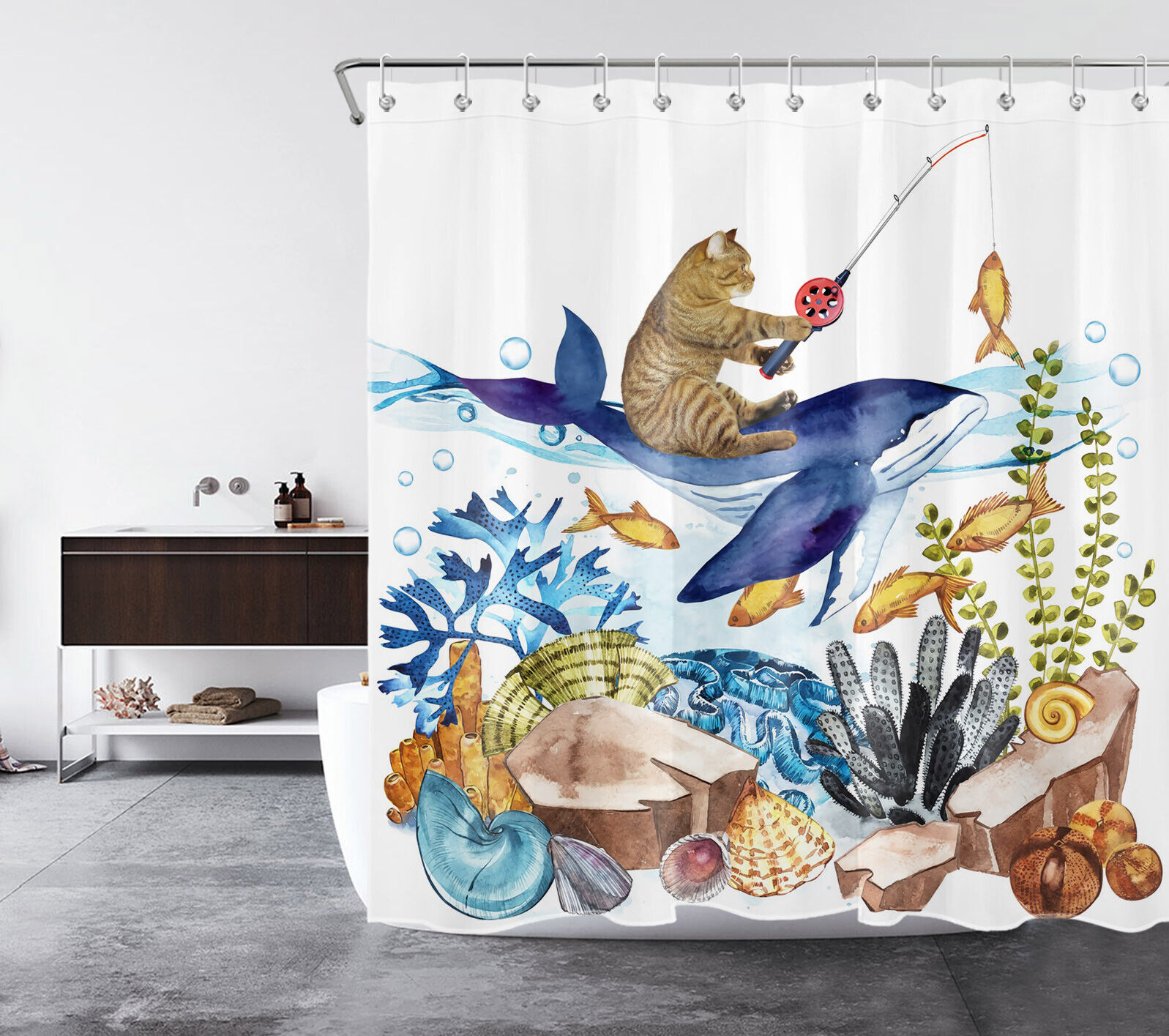 Underwater World With Funny Cat And Whale - Waterproof Bath Curtain For Bathroom Decor