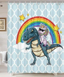 Unicorn And Dinosaur Bathroom Decor With Funny Shower Curtain Of Cool Unicorn Riding Cute Dinosaur With Rainbow