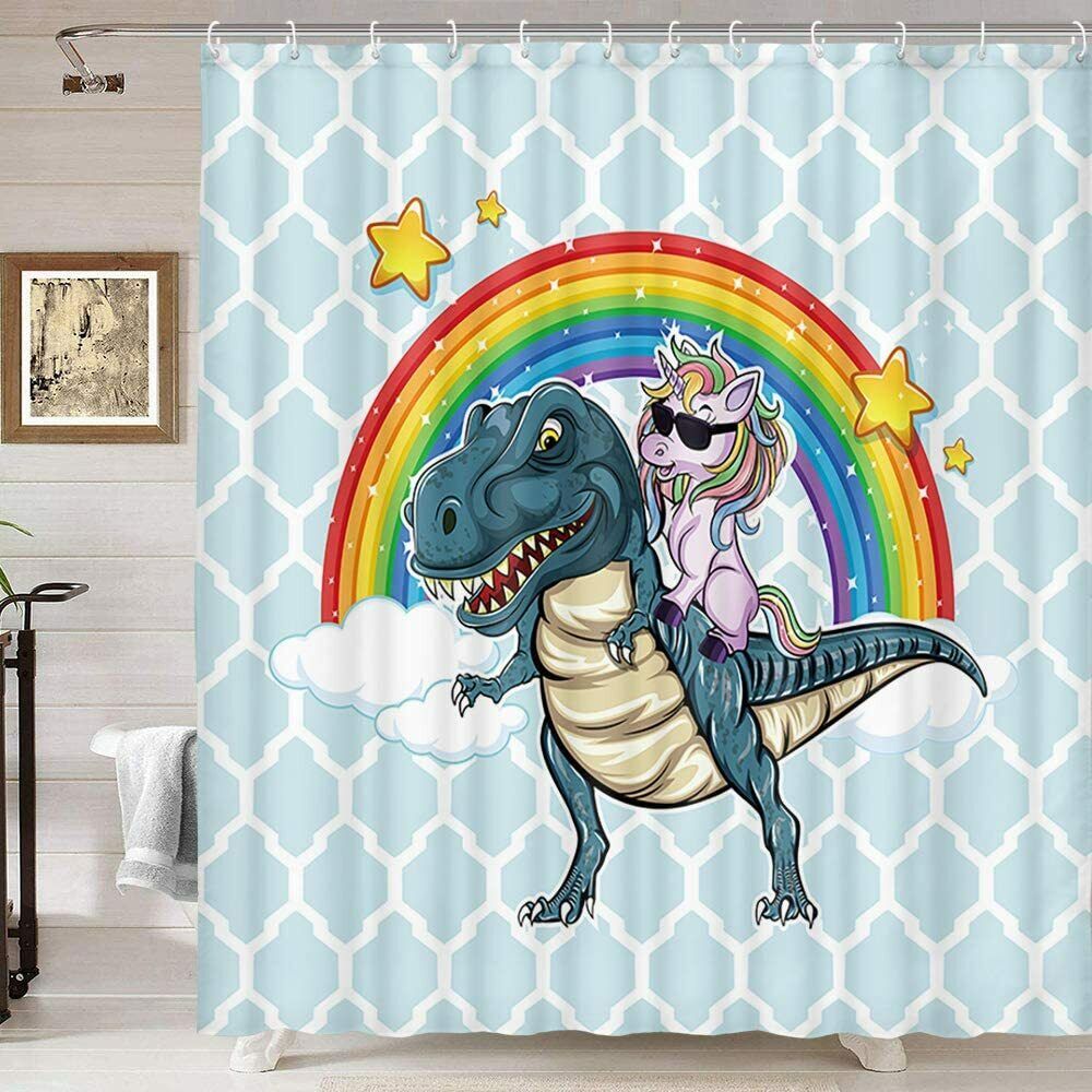 Unicorn And Dinosaur Bathroom Decor With Funny Shower Curtain Of Cool Unicorn Riding Cute Dinosaur With Rainbow